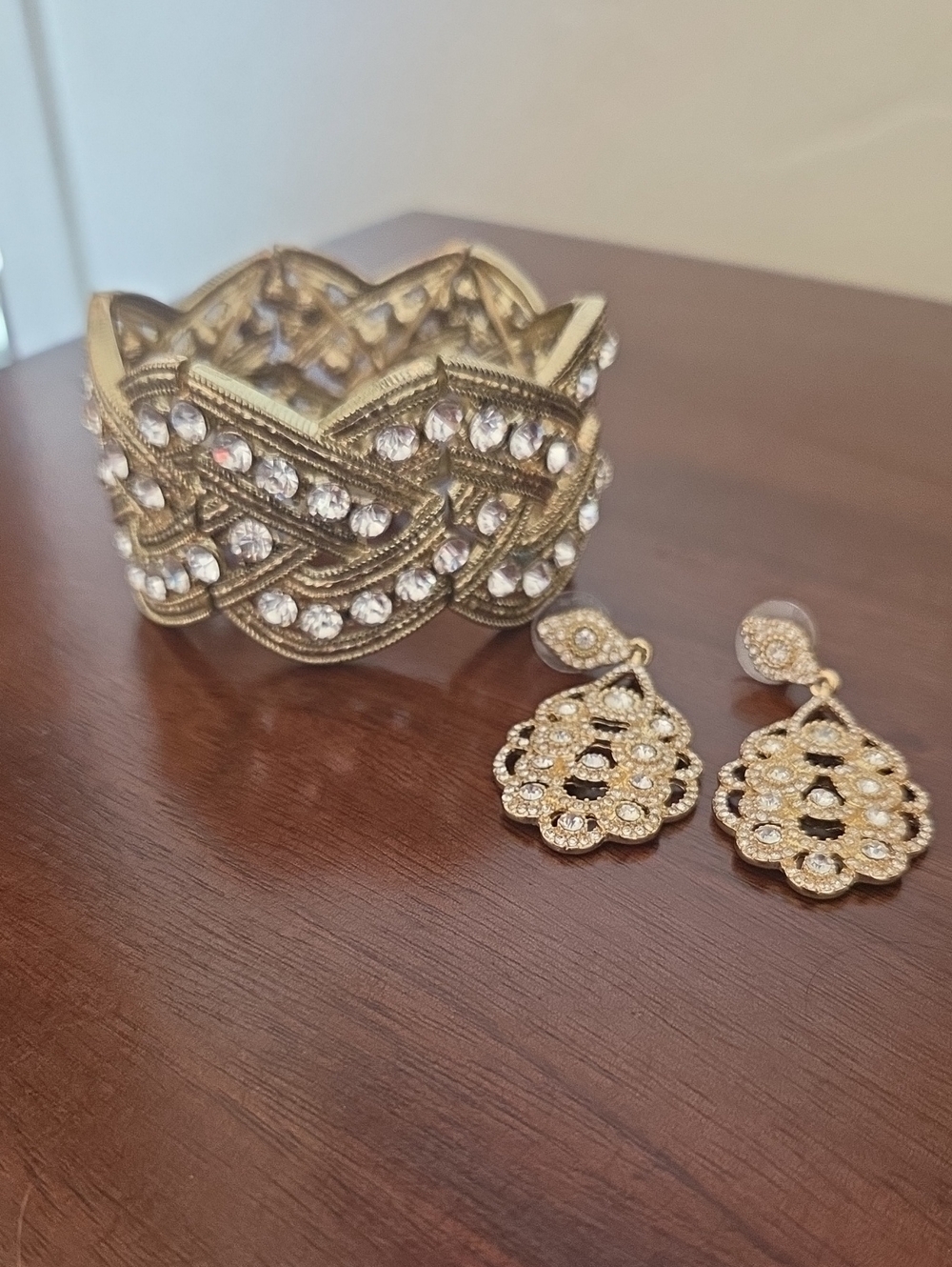 Gold Crystal Pavé Cuff Bracelet with Matching Drop Earrings